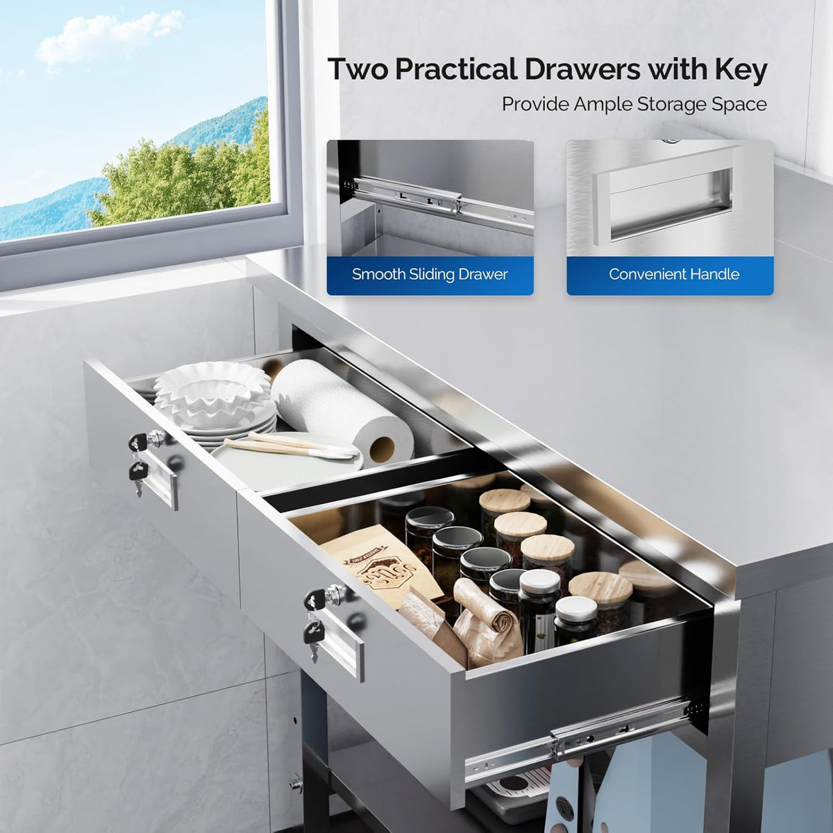 MEFEIR 42"x26" Heavy Duty Stainless Steel Commercial Prep Table with 2 Drawers & Undershelf - for Kitchen, Restaurant, Home, Garage