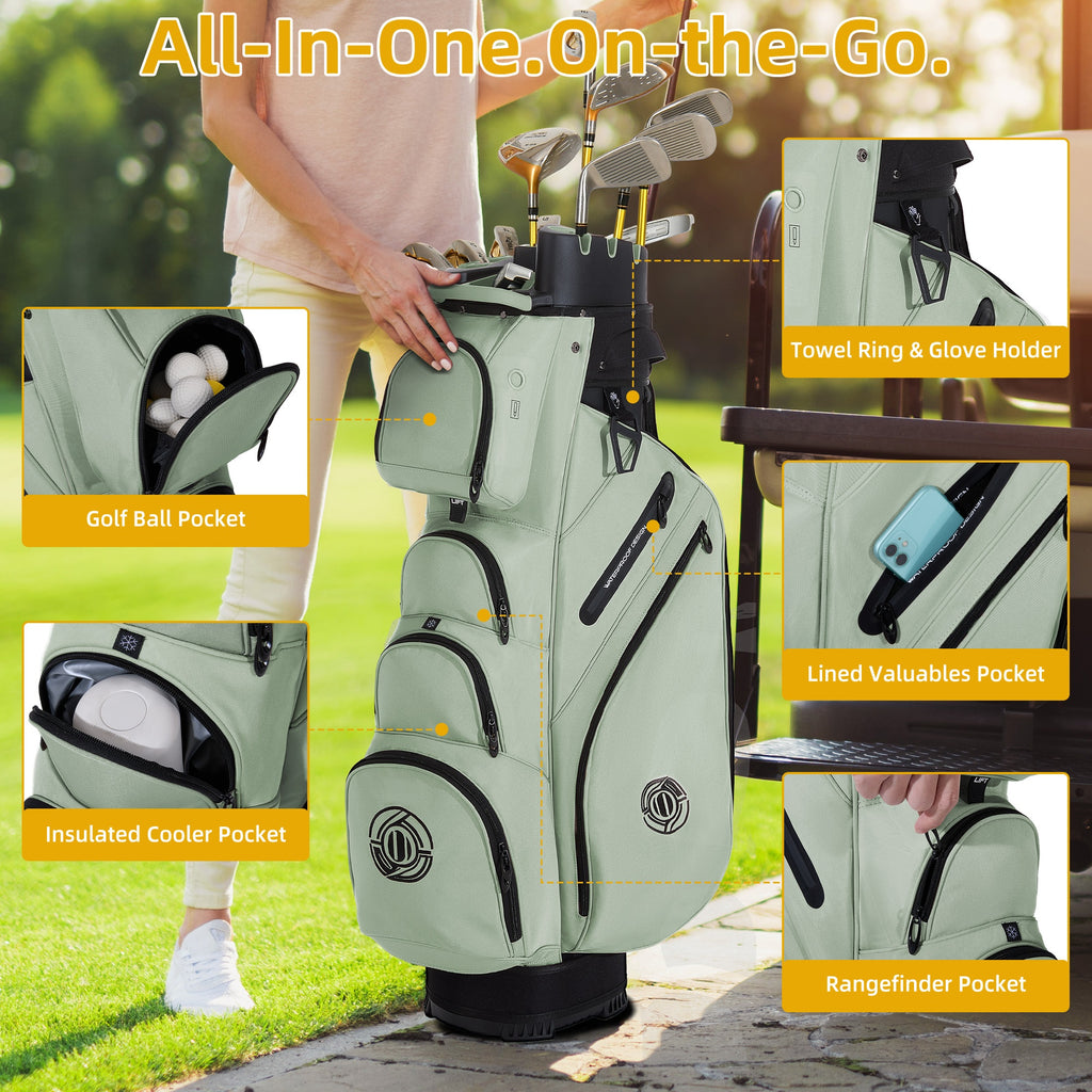 Professional Silent T- Lock Golf Cart Bag 14 Way Full Length Layer Lock Protection Silent Inner Shell Ergonomic Strap with Rain Cover