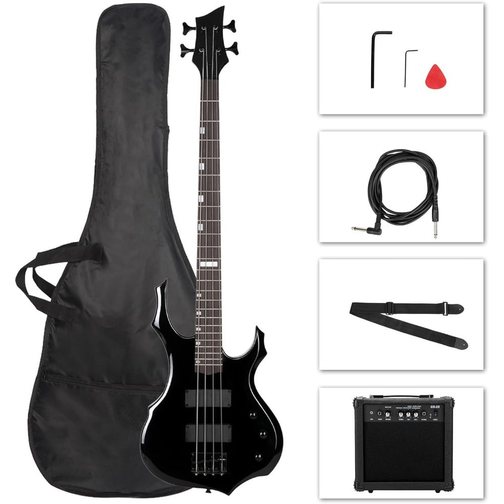 [Bass Guitar Set] Electric Bass Guitar Full Size Flame Design Bass Set with 20 Watt Amplifier, Portable Bass Bag, Superior Amp Wire, Adjustable Guitar Strap, Plectrum, Wrench Tool