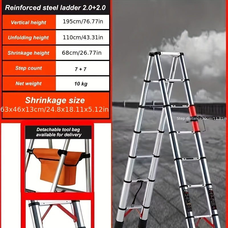 6.5-foot 7-Step Telescoping Ladder - Anti-Shake and Anti-Slip Portable Folding Ladder - Walkable A-Frame Household and Outdoor Work Multi-Purpose Ladder, 330 Pounds per Step
