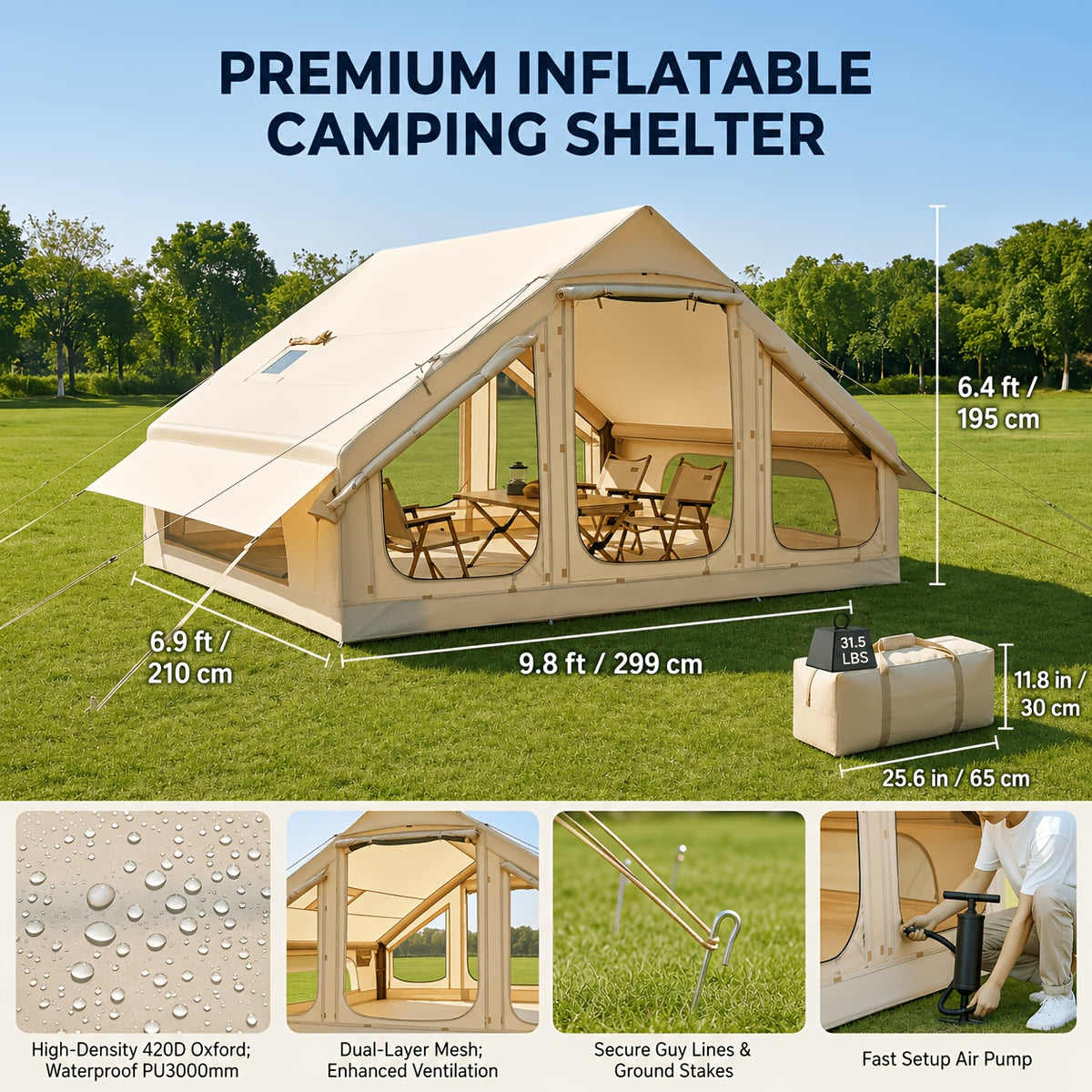 LILYPELLE Inflatable Camping Tent for 4-6 People, Easy Setup Oxford Cloth Air Tent with Stove Jack And Hand Pump, Spacious Glamping Tent House for Adults