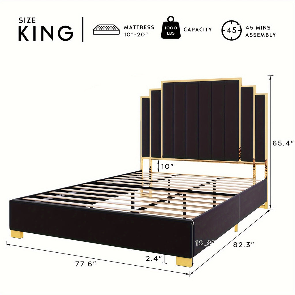 Velvet Upholstered Platform Bed Frame, Available in 61.4" Or 65" Sizes, Featuring a Gold-Trimmed Headboard And Wooden Slats, No Box Spring Required.