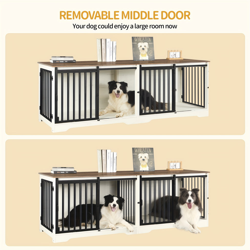 78" Dog Crate Furniture with Divider, Dog Crate Barn Door, Dog Kennel Indoor, Wood Dog Crate for 2 Dogs Small/Medium/Large Dog, End Side Table, Anti-Chew Anti-Escape