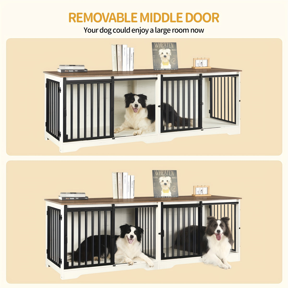 78" Dog Crate Furniture with Divider, Dog Crate Barn Door, Dog Kennel Indoor, Wood Dog Crate for 2 Dogs Small/Medium/Large Dog, End Side Table, Anti-Chew Anti-Escape