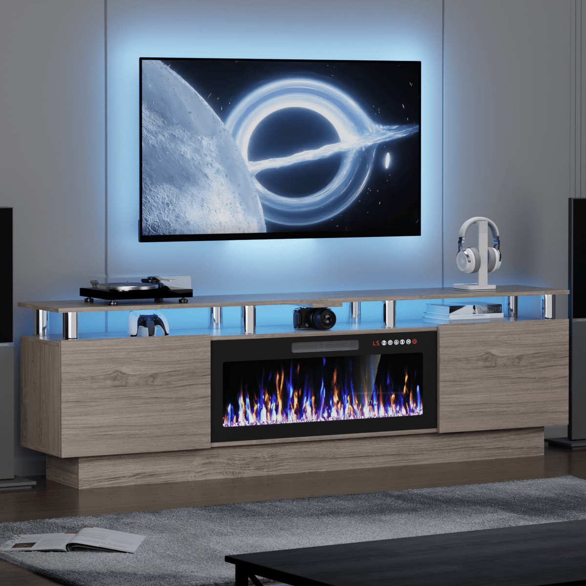 80" Modern Fireplace TV Stand with 36" Electric Fireplace for TVs Up to 90 inch, Luxury LED Light Entertainment Center with High Gloss Cabinet, TV Consoles for Living Room