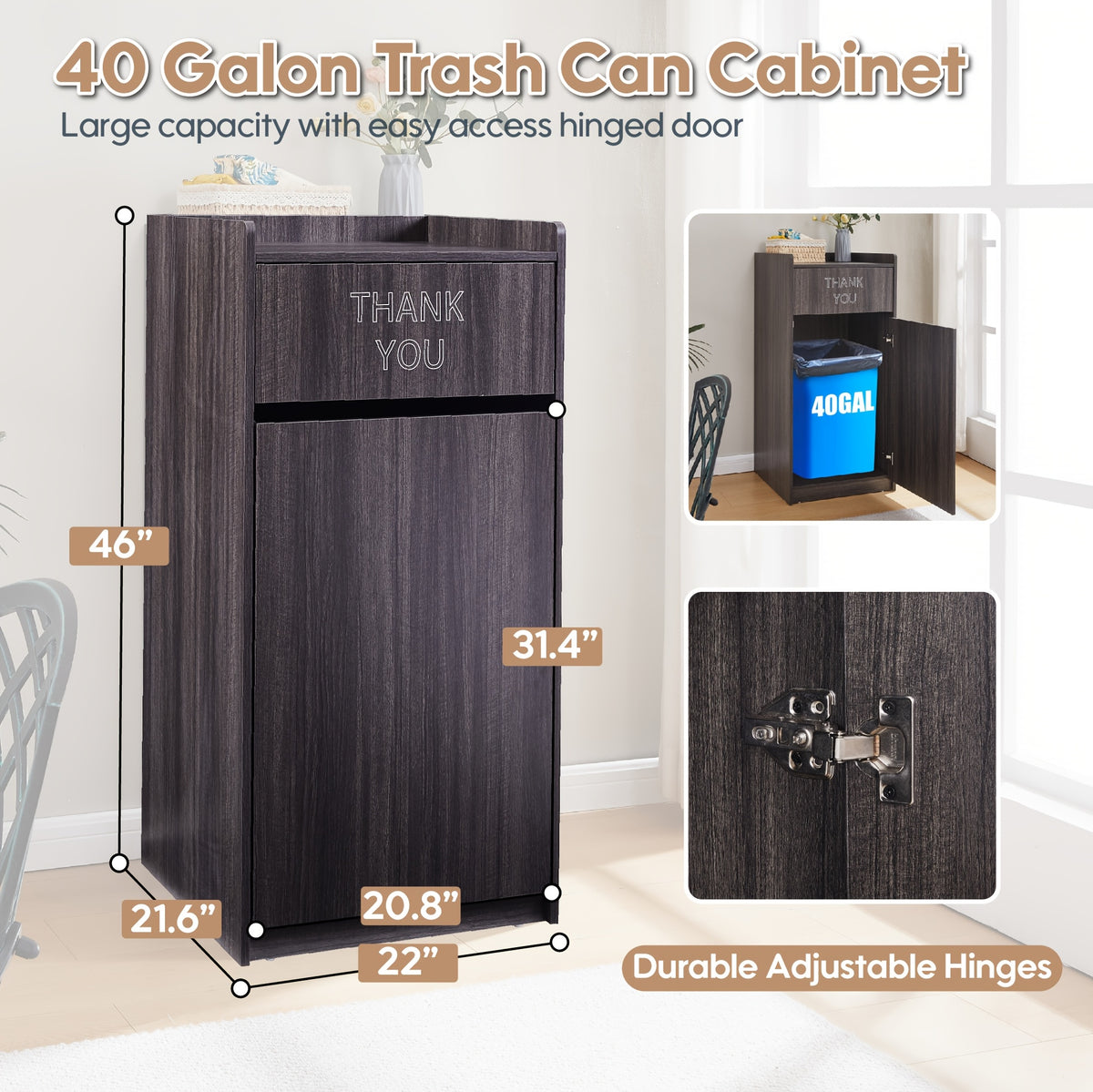 Large 40-Gallon Wooden Waste Bin with a Tray Top, Featuring a Spacious Design, Easy-To-Clean Surface, And Compact Storage, Perfect for Offices, Restaurants, And Kitchen Cabinets