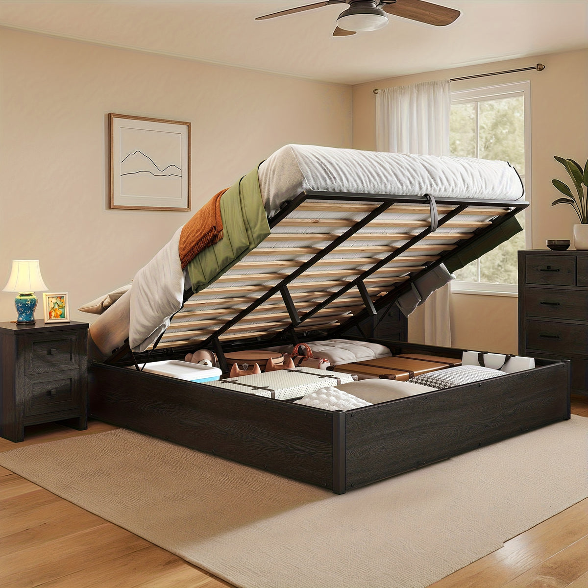 Lift Up Storage Bed with Storage Underneath, Wooden Platform Bed Frame, Solid Wood Slats Support, No Fixed Headboard, No Box Spring Needed