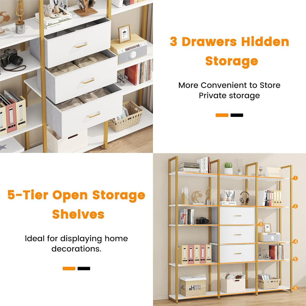 Semoic Triple Wide 6 Tiers Industrial Book Shelf with 3 Drawers and Storage Shelves, 73.6" Tall Bookcase with 16 Open Display Shelves, Large Etagere Bookshelf with Metal Frame for Home& Office, Golden