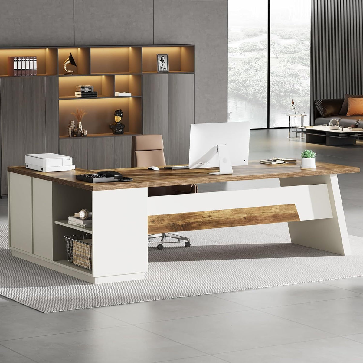 78 Inch L-Shaped Executive Desk, Modern Home Office Desk with Storage Shelves, Large Computer Desk with Drawers and Lateral File Cabinet, Workstation for Home Office