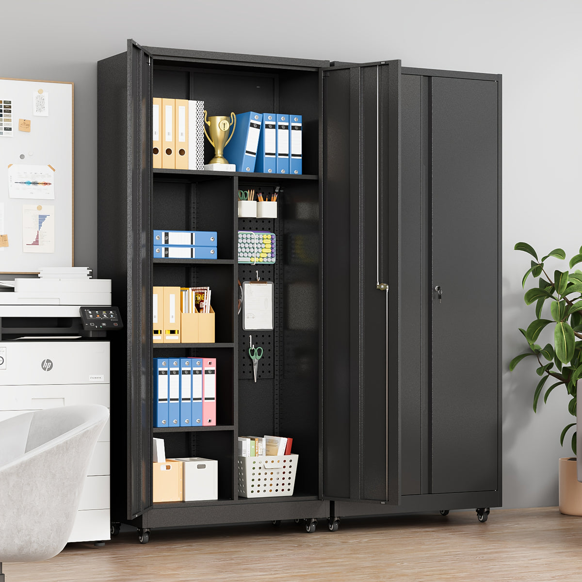 Metal Storage Cabinet with 4 Wheels, 71" H Metal Garage Cabinet, Broom Closet Storage Cabinet with Adjustable Shelves, Tool Storage Cabinets for Garage, Utility Room