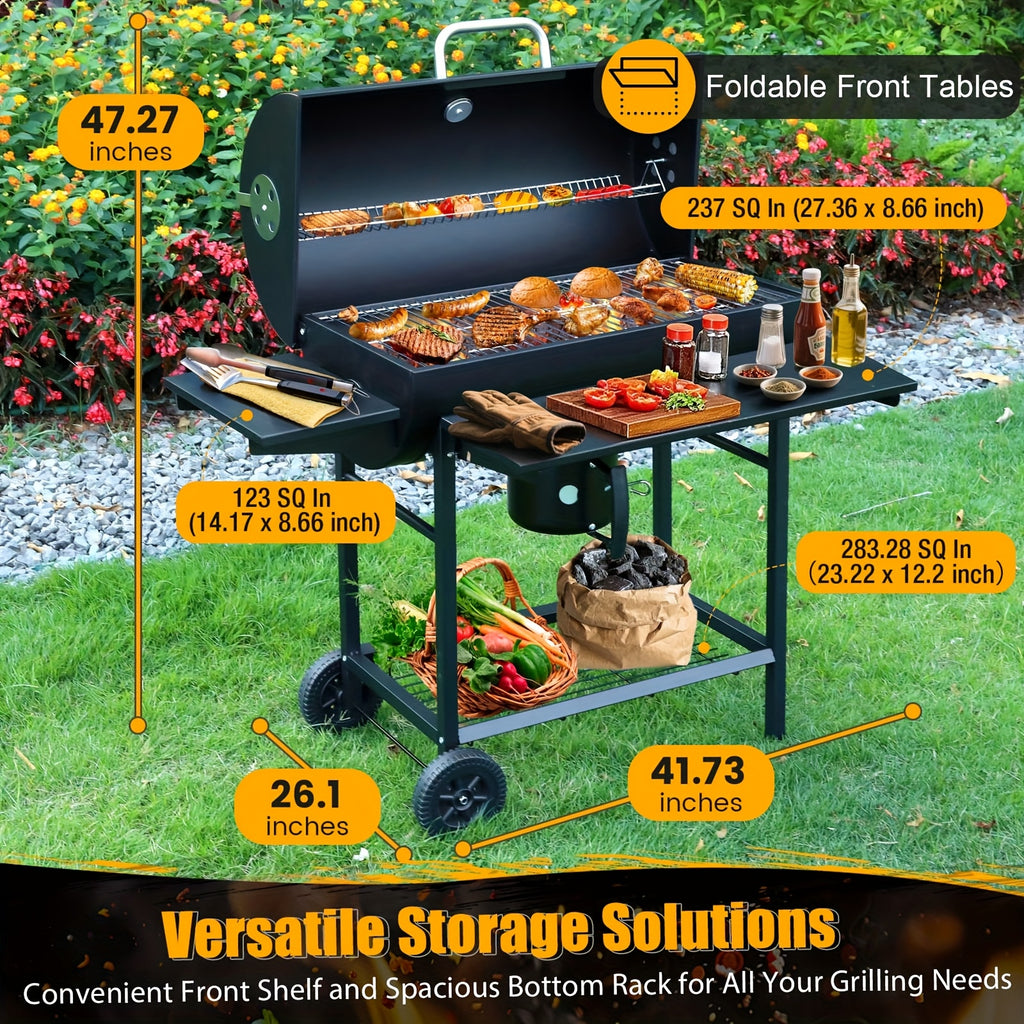 Charcoal BBQ Grills Outdoor - Barrel Charcoal Grill with Offset Smoker(Model: L)/ Outdoor BBQ Grill with Side Table(Model:M/XL-A/XL-C)for Backyard, Patio, Parties, Camping, Outdoor Cooking, Large Event Gathering, Black