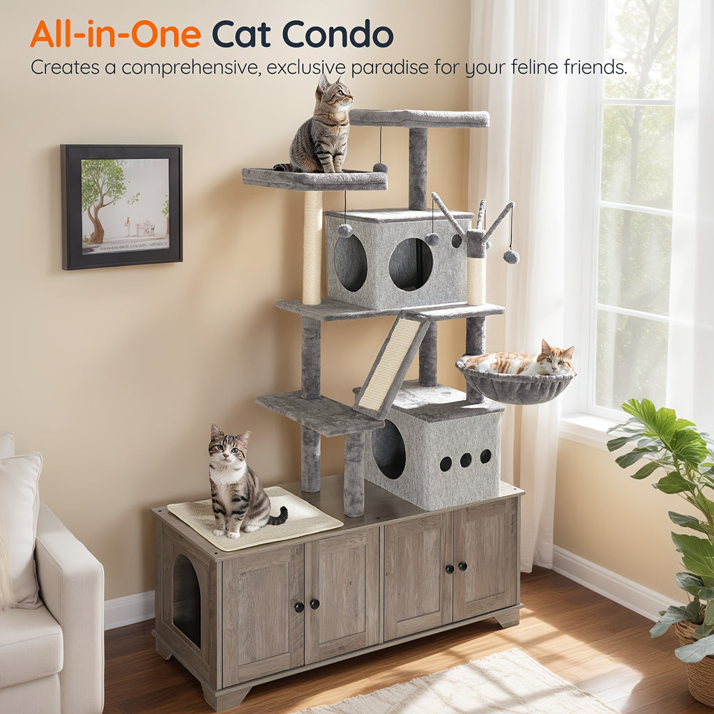 Double Litter Box Enclosure with Cat Tree, 45.3"L X 17.7"W X 68.9"H All-In-One Modern Cat Tower with Cat Bed, Hidden Litter Box Enclosure Furniture, with Hammock, Sisal Posts, Greige