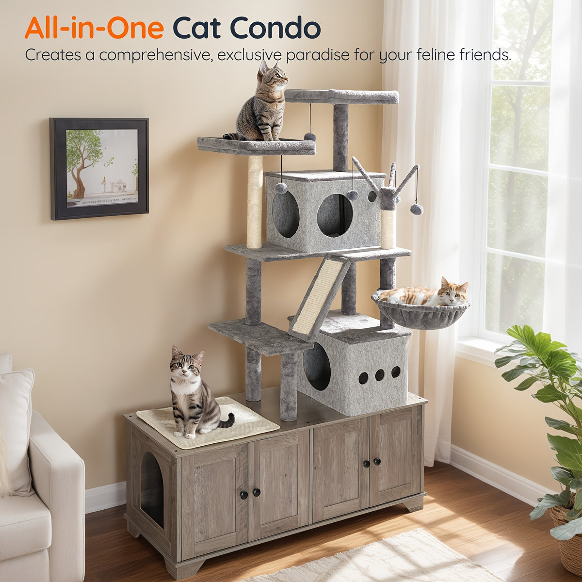Double Litter Box Enclosure with Cat Tree, 45.3"L X 17.7"W X 68.9"H All-In-One Modern Cat Tower with Cat Bed, Hidden Litter Box Enclosure Furniture, with Hammock, Sisal Posts, Greige