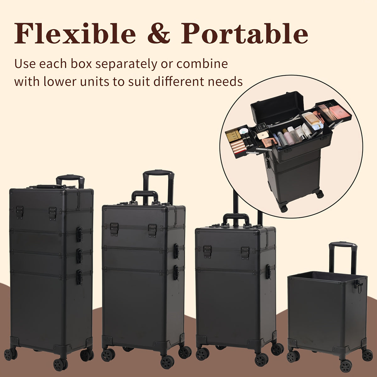 4 in 1 Professional Rolling for makeup Train Case | Extra Large Black Aluminum Cosmetic Trolley with Detachable Modular Design and 360° Swivel Wheels for Makeup, Nail, and Tattoo Artists | Ideal Christmas Gift for Hairdressers/Beauticians