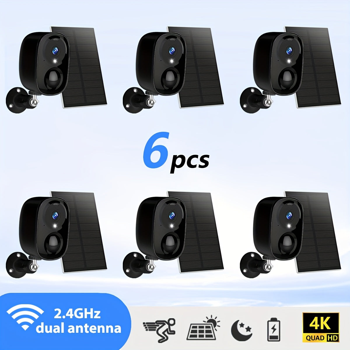 4pcs/6pcs/8pcs Black Solar Powered 4K Wireless Outdoor Security Surveillance Camera, Artificial Intelligence Motion Detection, Two-way Voice Call, Color And Infrared Night Vision,.