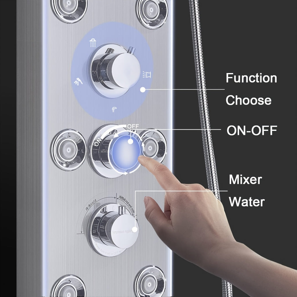[Shower Panel Tower System] Shower Panel Tower System, Stainless Steel 6-Function Faucet LED Rainfall Waterfall Shower Head Handheld Sprayer Rain Massage Body Jets Tub Spout, Brushed Nickel, Shower System, Bathroom Decor And Accessories