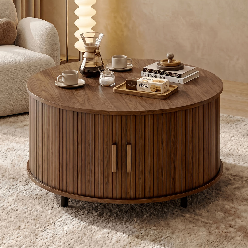 Round Coffee Table, 32-Inch Modern Wooden Center Table with Sliding-Door Storage for Living Rooms and Apartments