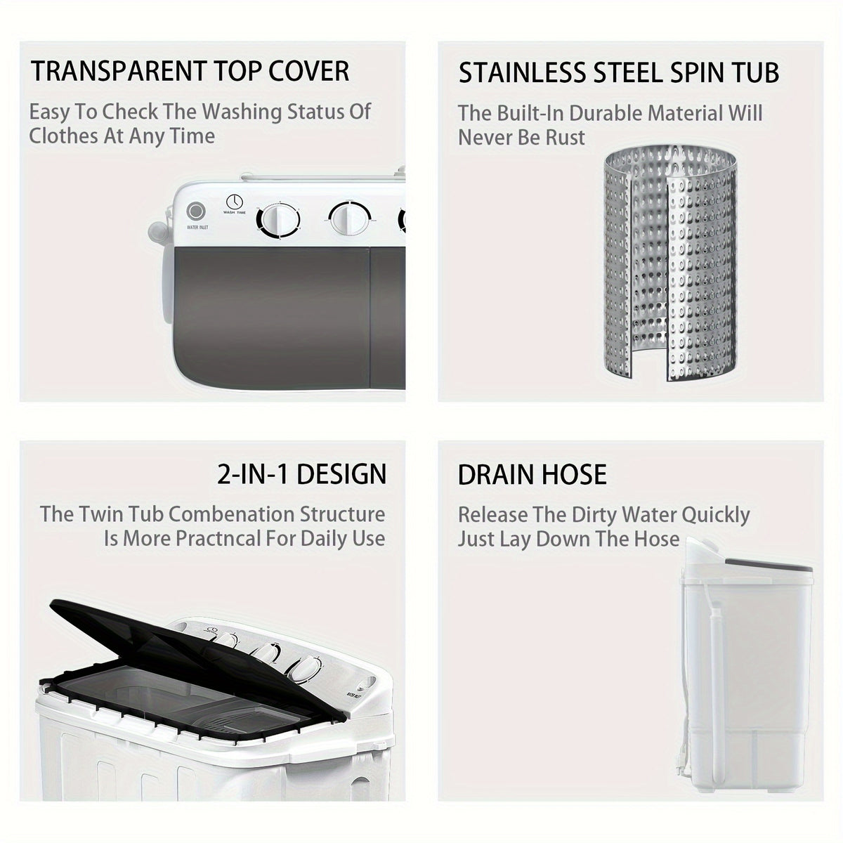 18Lbs Compact Mini Twin Tub Washing Machine with Drying Rack, 11Lbs Washer Mini Compact Laundry Machine And 7Lbs Spinner, 1300RPM, Convenient And Efficient for Dorms, Apartments