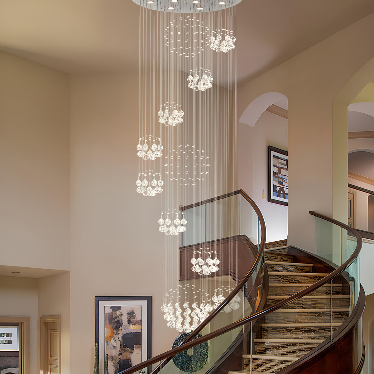 Modern LED Crystal Chandelier for Height Ceiling 2 Story Foyer Lighting 13-Light Flush Mount Foyer Lighting