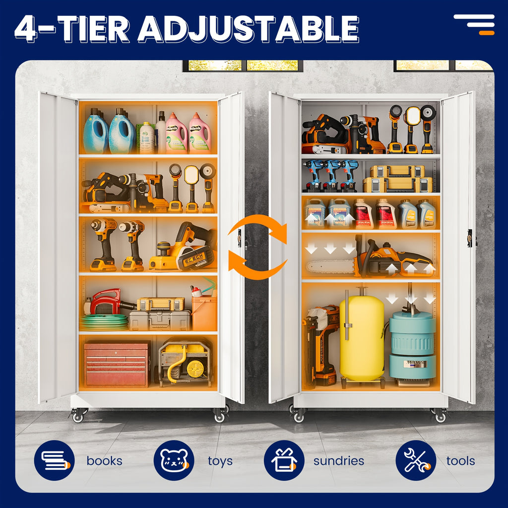 75-Inch Garage Storage Unit: Features 2 Doors, Wheels, 4 Adjustable Shelves, And a Lock. Ideal for Workshops, Homes, Or Offices. Sturdy And Easy to Move