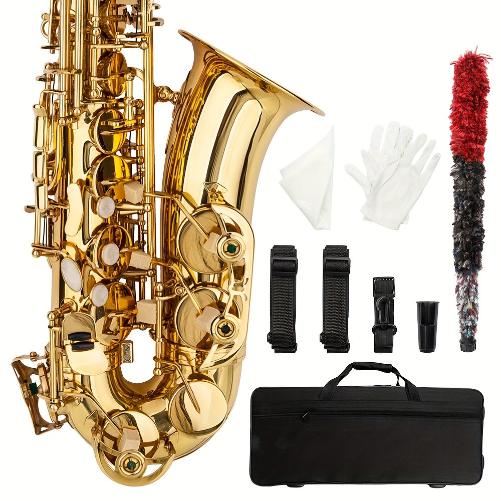 Glarry Mid-range Alto Drop E Lacquered Golden Saxophone, with Carve Patterns, Brass Material, Stylish Appearance, Kit with Hard Case, Cleaning Tools, for Beginner, All Experiance Level, Festival/ Birthday Gift for Music Lover