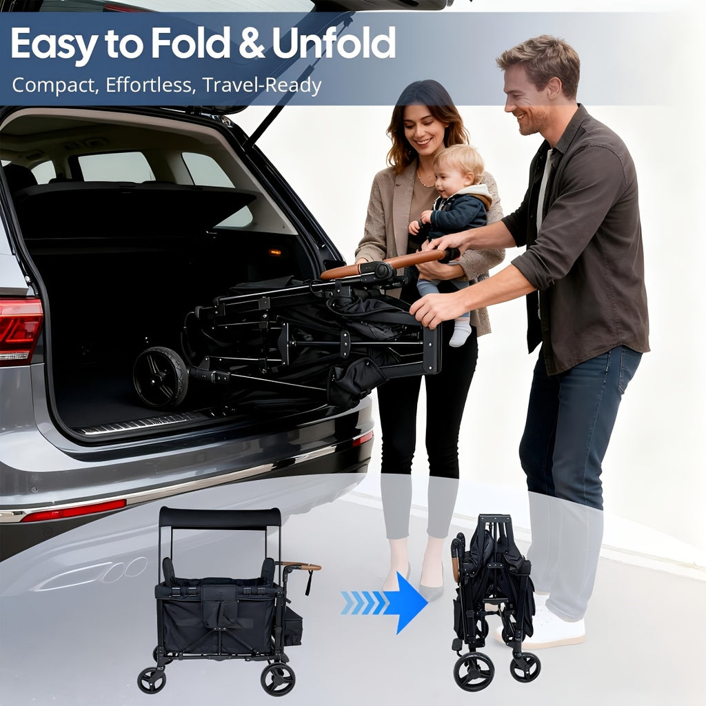 All-Terrain Stroller Wagon for 2 Kids (Available In Gray & Black) | Heavy-Duty Foldable Cart with Canopy, Snack Tray & 5-Point Harness | for Beach, Park, Family Adventures