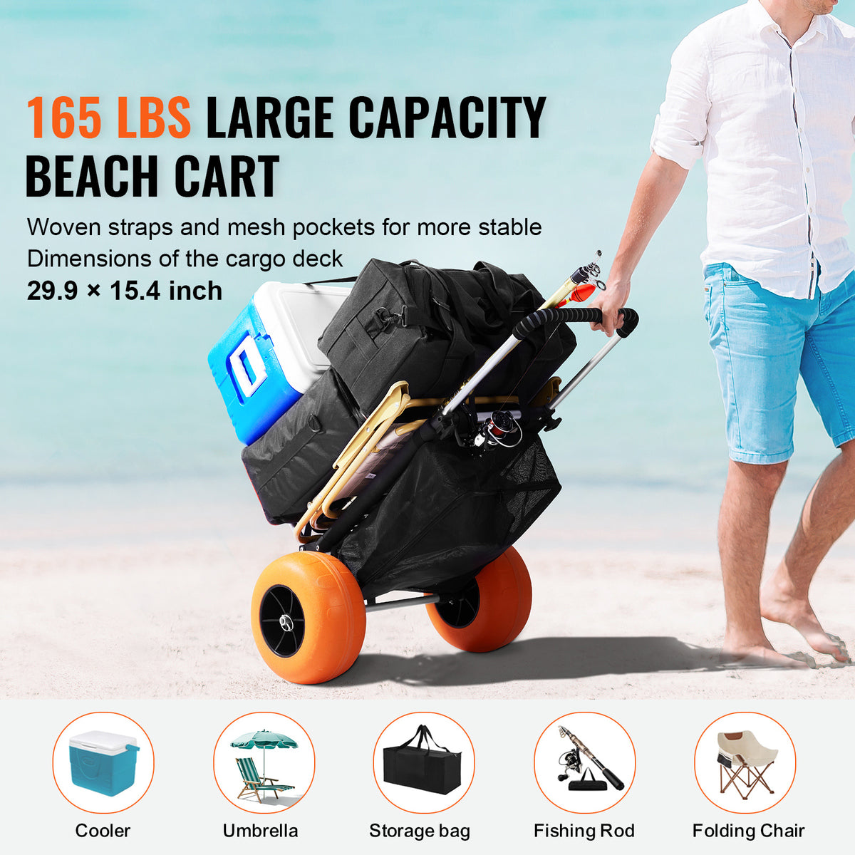 VEVOR Beach Dolly with Big Wheels for Sand, 29.9" x 15.4" Cargo Deck, w/ 12" Foam Wheels, 165LBS Loading Capacity Folding Sand Cart & 27" to 44.7" Adjustable Height, Heavy Duty Cart for Beach