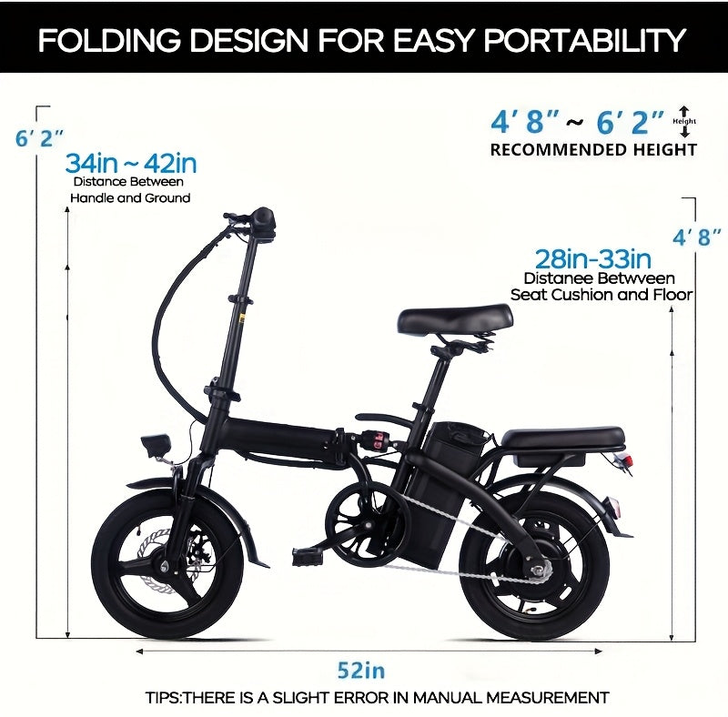14-inch Lightweight Folding Electric Bicycle, 330 Lbs Load Capacity, 19 Mph Top Speed, Long-Lasting Battery, 48V Removable Lithium Battery with 18-28 Miles of Range, Front Headlight & Disc Brakes, Alloy Steel Frame, Black, for Urban Commuting