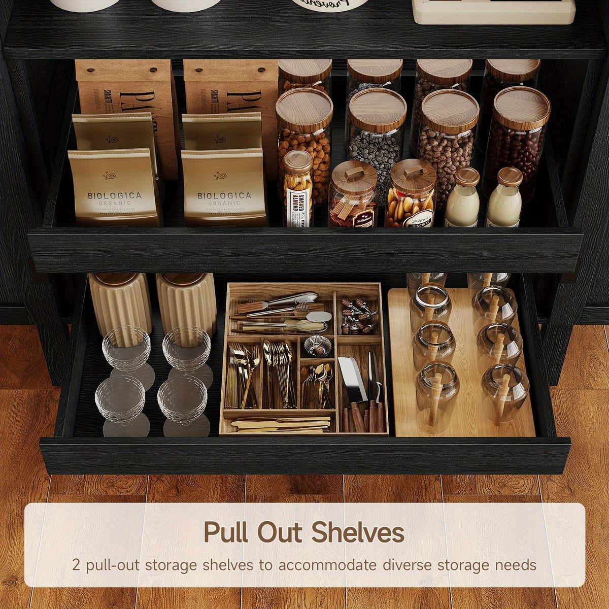 PAZCASA 71" Tall Arched Kitchen Pantry, Storage Cabinet with 2 Pull-Out Shelves, 6 Door Shelves, Organizer, Freestanding Modern Versatile Cupboard for Kitchen, Dining Room, Black/Natural