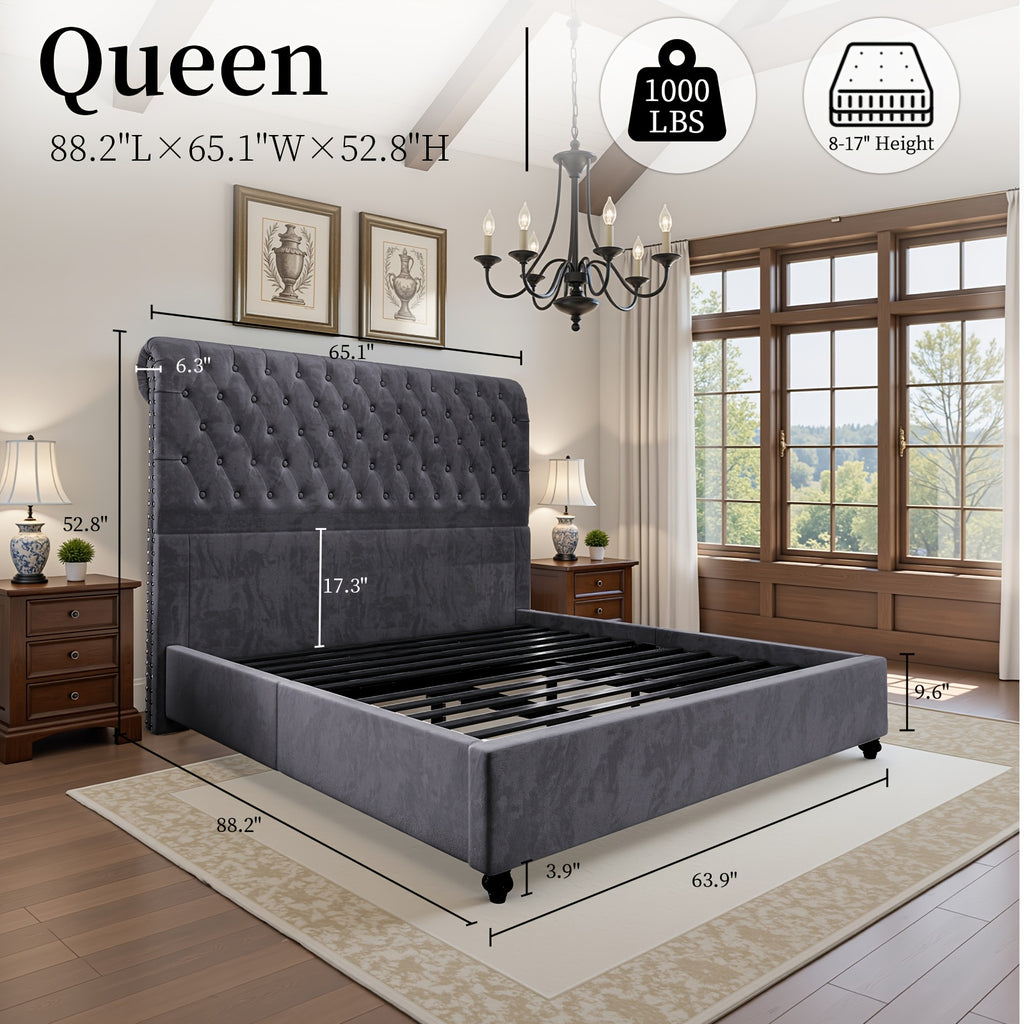 LUXOAK Bed Frame King/Queen Size, Velvet Tall Headboard King Bed Frame with Button Tufted 52.8" Tall Sleigh Headboard, No Box Spring Needed, Easy Assembly
