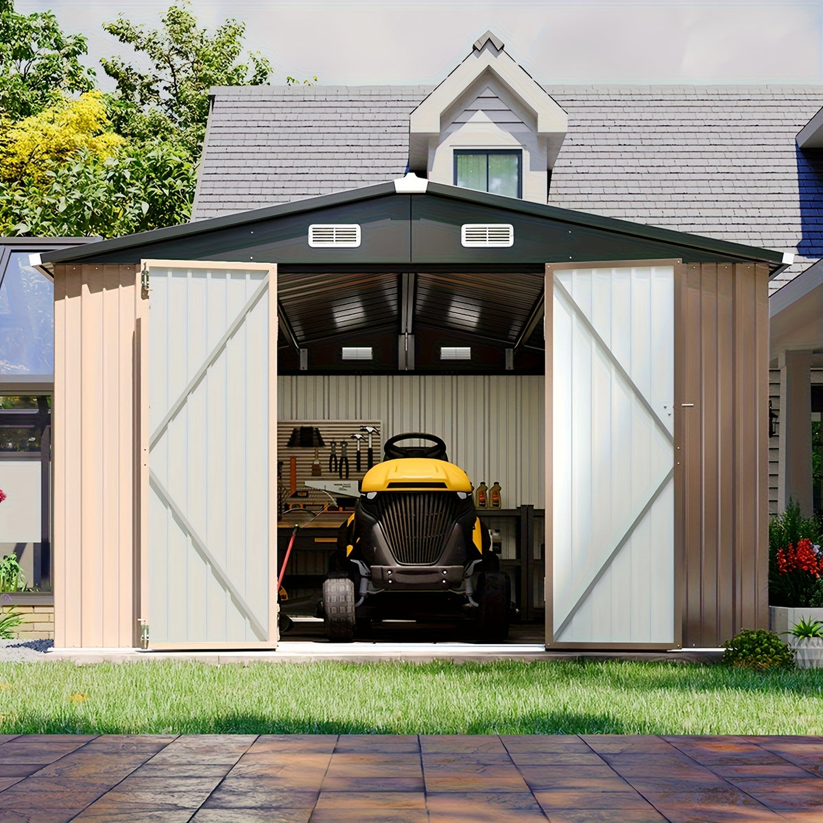 12x20/6x4ft Metal Storage Shed - Outdoor Garden Shed Kit, Lockable Tool Shed, Backyard Shed with Double Hinged Doors, Carport for Car, Truck, Bike And Lawn Mower & Equipment, Brown