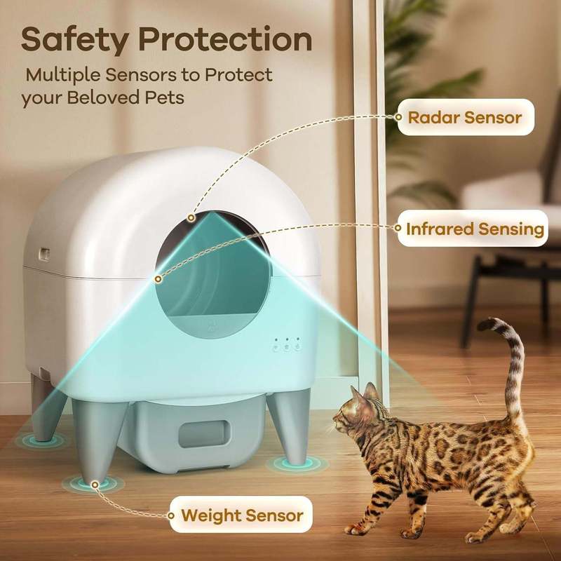 Self Cleaning Litter Box, Large Capacity Automatic Cat Litter Box Self Cleaning for Cats, App Control, Safety Protection, 2 Roll Garbage Bags, White & Grey