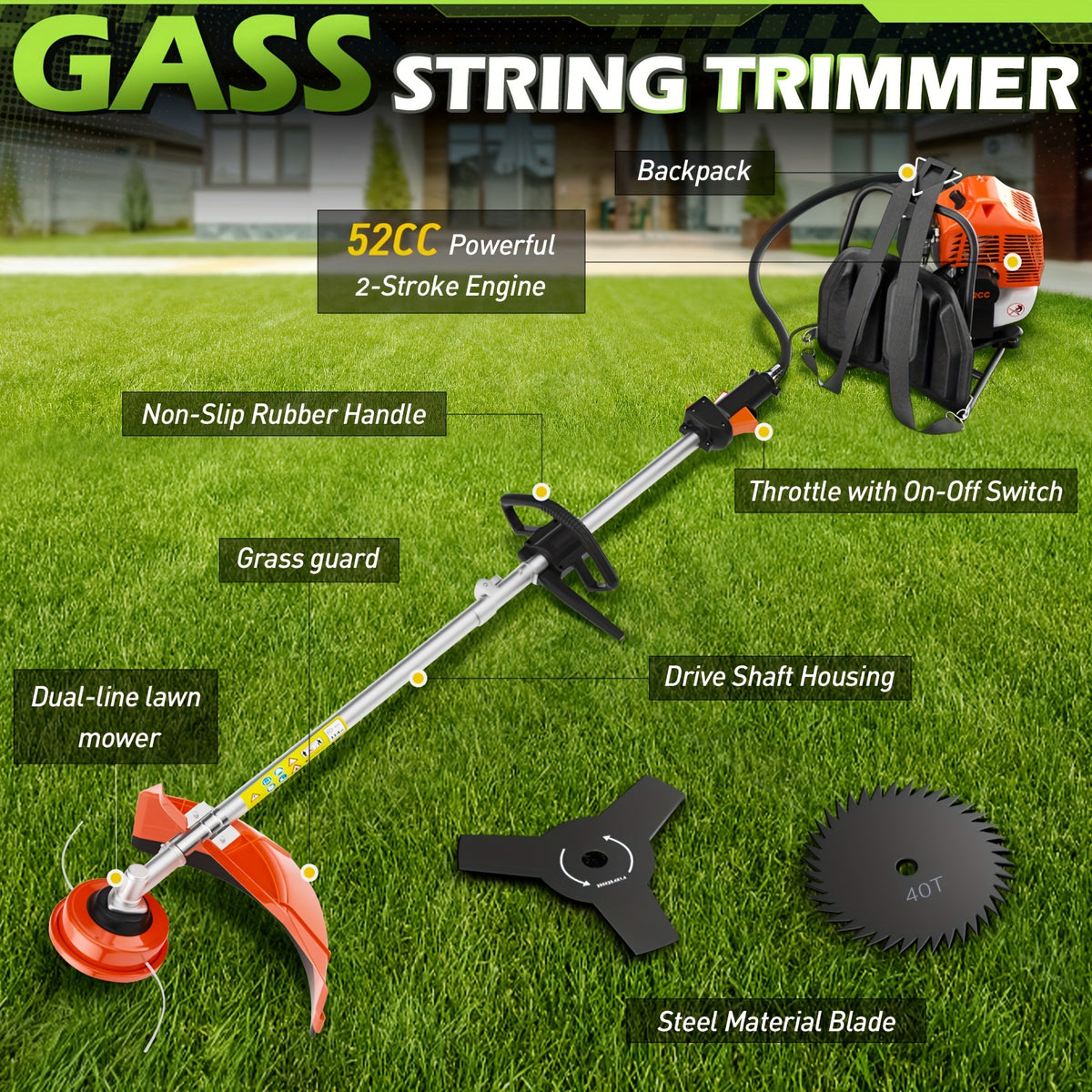 52CC Weed Eater Gas Powered, 3 In 1 Gas Weed Wacker Backpack Brush Cutter Gas String Trimmer 2-Stroke Grass Weed Trimmer