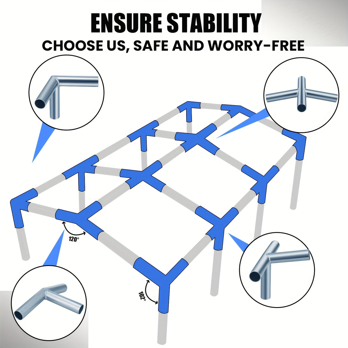 This Kit Includes 12pcs of Fittings Designed for an 8-Leg Style Canopy Frame, Suitable for Low Peak Shed Structures. It Is a Metal Garage Kit Intended for Use with 1 3/8-Inch Top Rails
