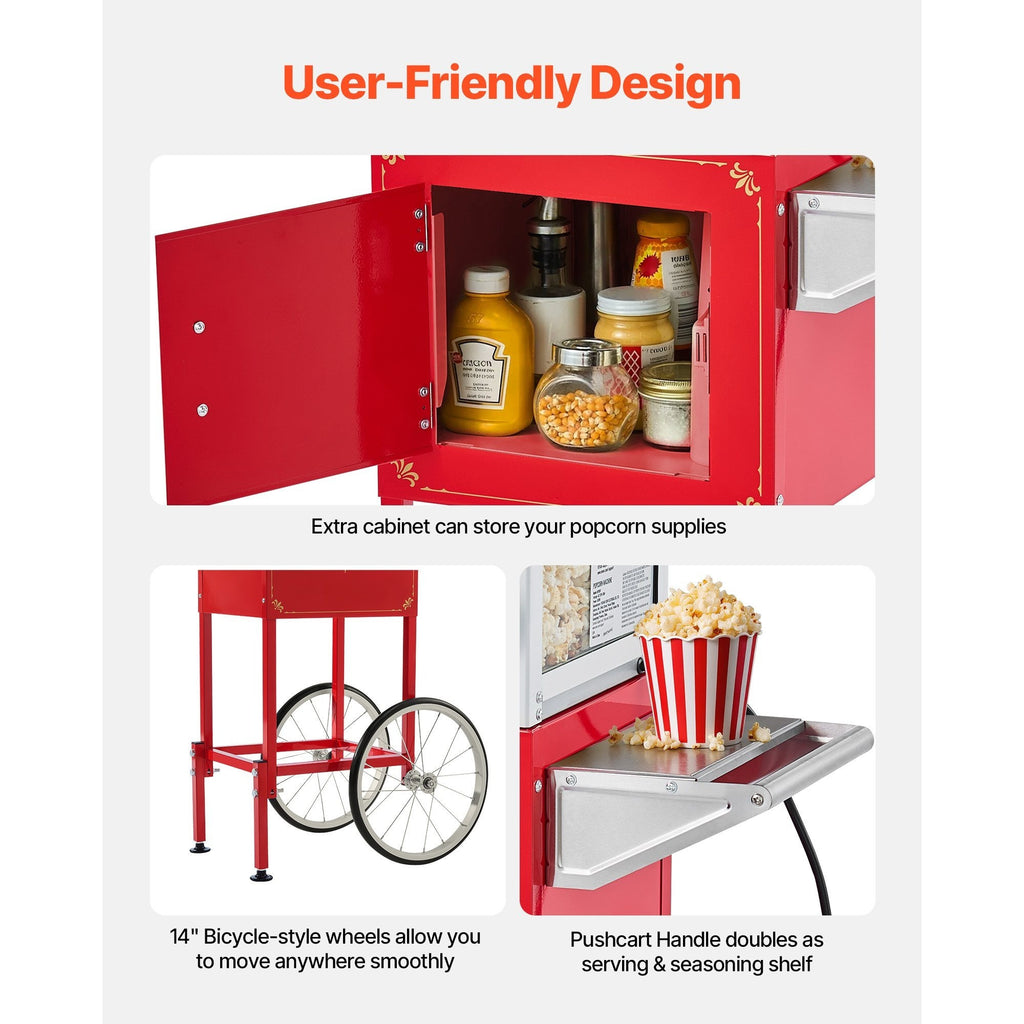 VEVOR Popcorn Machine with Cart Popcorn Popper Maker 800W 8oz Kettle 48 Cups Black/ Red/ White