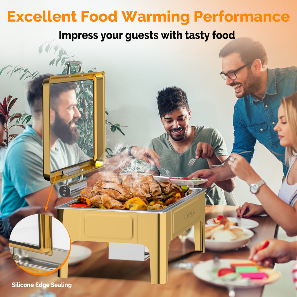 9QT square 304 stainless steel hot pot, hydraulic glass cover and food pot - golden buffet heater, suitable for catering, parties, events and home use only for cooking (1 pack))