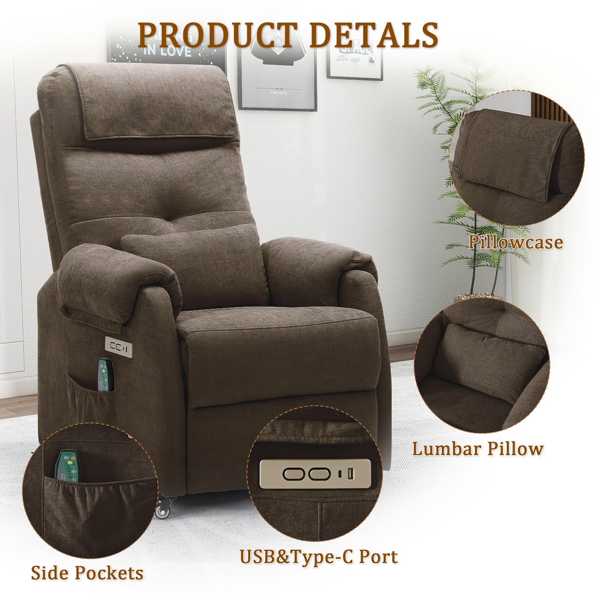 Personal Care Armchair, Recliner with Massage And Heating Functions, Portable Sofa Chair, Electric Recliner, Chair with USB Port And Side Pockets, Chenille Material Recliner Suitable for Living Room, Christmas Gift.