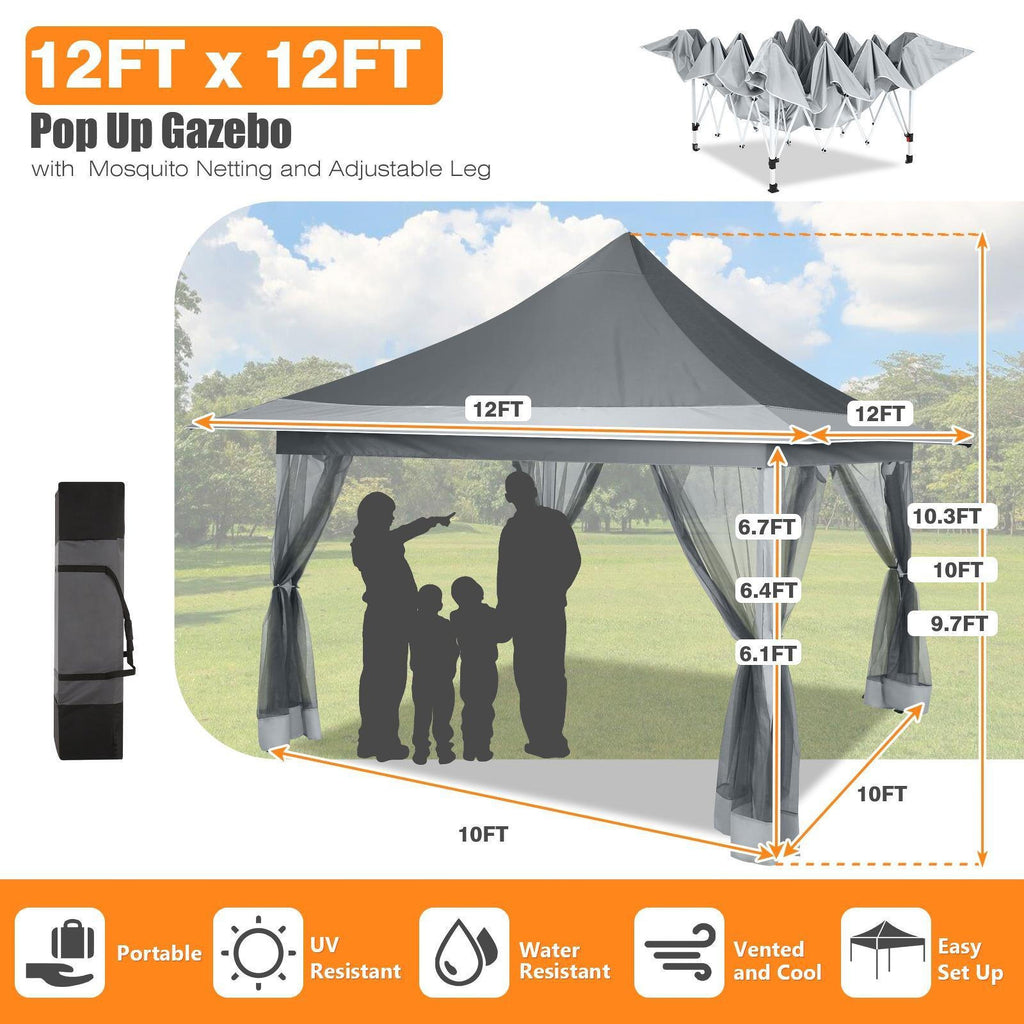 12x12ft Foldable Pop-up Tent, Home Decoration Party Canopy Gazebo with Mosquito Net, Including Carrying Bag and Sandbag, UV and Insect Repellent, Easy to Install, Perfect for Camping, Beach, Party, Yard, Villa, Lawn and Other Outdoor Events
