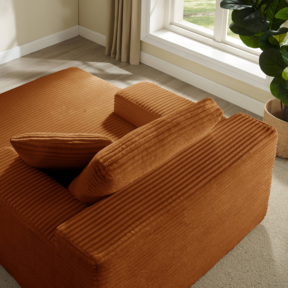 51-Inch Oversized Boneless Lounge Chaise Recliner - Corduroy Sofa with Pillows And Armrests | Deep-Seat with High-Density Foam Cushion | Living Room/Apartment/Bedroom U-Shaped Folding Sofa Bed | No Assembly Required | Beige/Black/Green/Orange