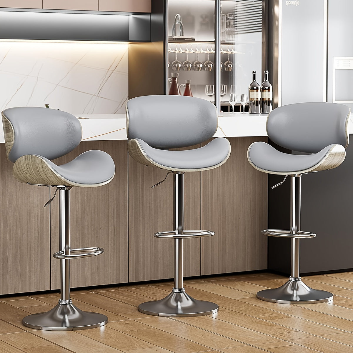 3pcs Modern Faux Leather Upholstered Bar Stools, 360° Swivel Adjustable Height with Backrests, Metal Tall Bar Stools Counter Height for Kitchen Island, Hydraulic Island Barstools