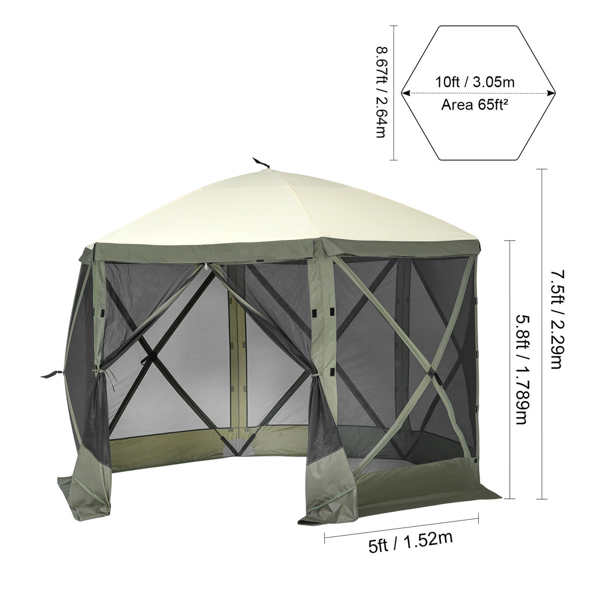 VEVOR Pop Up Gazebo Tent, Pop-Up Screen Tent 6 Sided Canopy Sun Shelter with 6 Removable Privacy Wind Cloths & Mesh Windows, 10x10FT/ 12.5x12.5FT Quick Set Screen Tent with Mosquito Netting, Army Green/Brown
