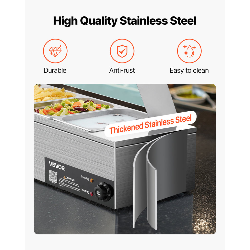 VEVOR Commercial Food Warmer, 1500W Electric Stainless Steel Steam Food Warmer with Glass Cover, 6 x 1/3 Size Pans Buffet Bain Marie with Soup & Perforated Ladles, for Catering, Restaurant & Party