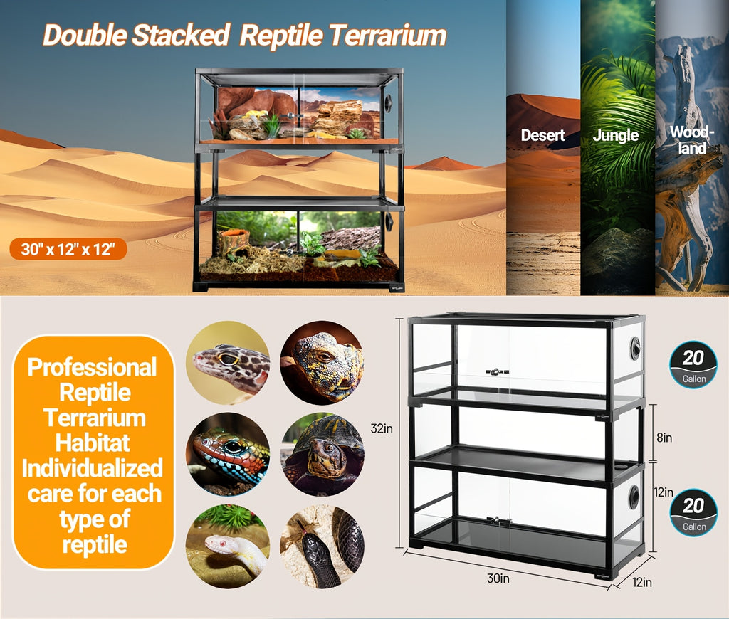 REPTI ZOO Double Stacked Reptile Tank, 30" X 12" X 12" Tall Reptile Terrarium, Front Opening, Full Vision, Knock Down, 2 Pack 20 Gallon Glass Cage for Reptile, Bearded Dragon, Lizard, Gecko
