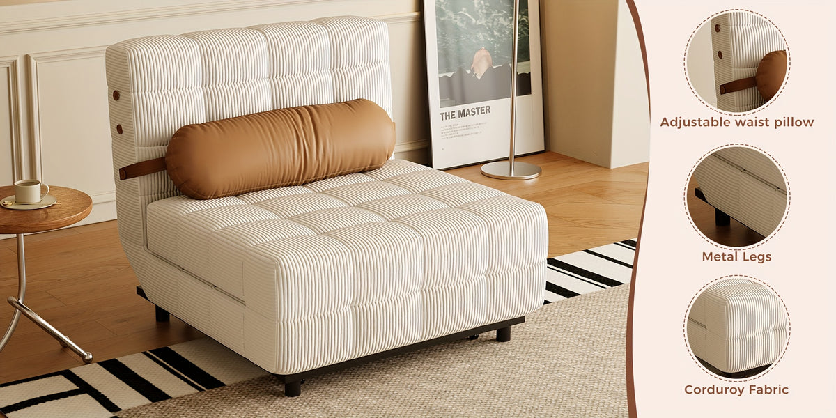 Convertible Single Sofa Bed | Foldable Chair Bed Sleeper with Adjustable Backrest & Pillow - Plush Corduroy Upholstery, Durable Metal Frame, Tufted Design for Living Room (Cream Beige/Brown)