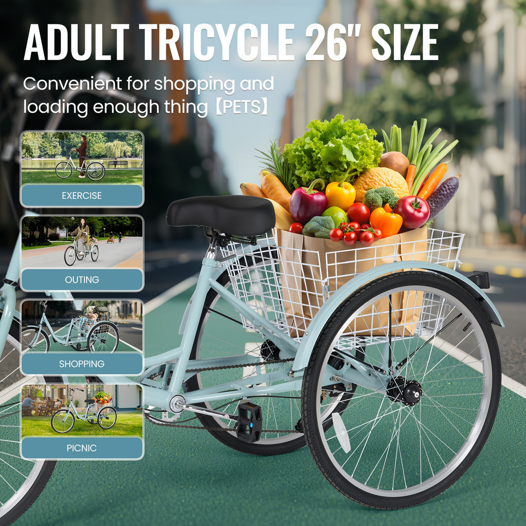 Adult Tricycle, Adult Tricycle 26 Inch 3 Wheel 7 Speed Bike, 3 Wheel Bicycle Cruiser Trike with Shopping Basket for Seniors, Women And Men, Mint Blue
