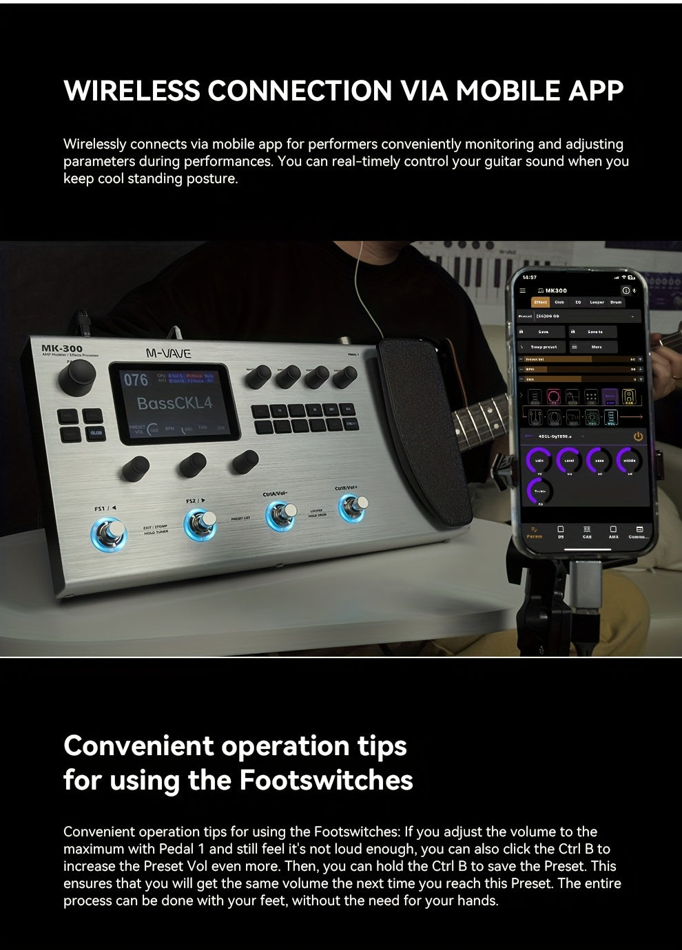 M-VAVE MK-300 -in- Electric Guitar & Bass Multi-Effects Processor with Drum Machine Backing Loop, Emulated Amplifier Suitable for Studios, Performances, Recording Gear, Looping Effects Unit
