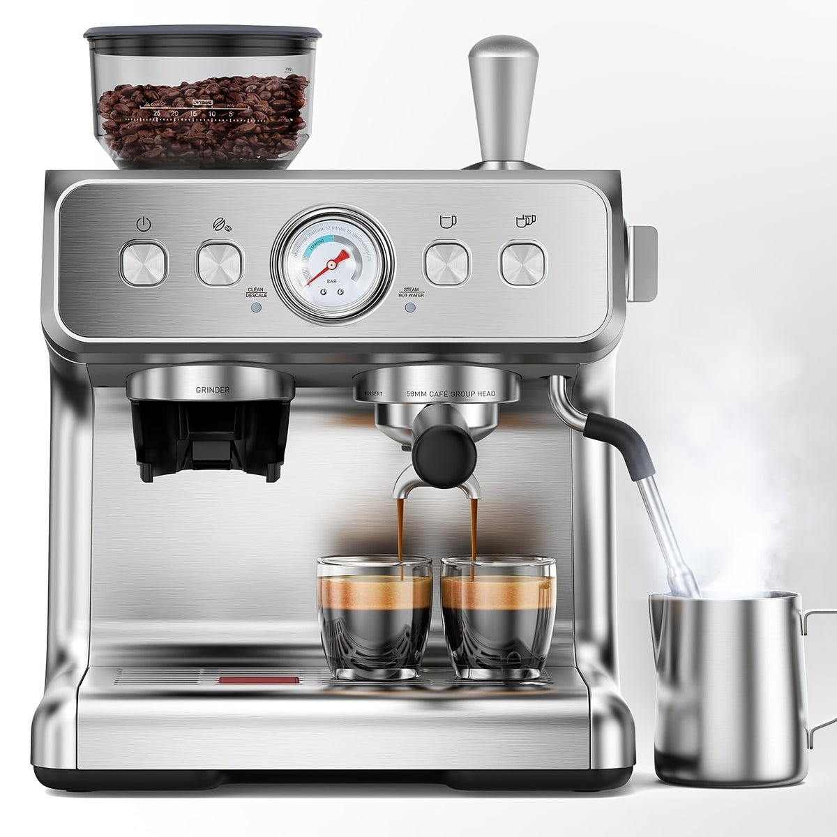 20 Bar Espresso Machine with Built-In Grinder, Professional Cappuccino And Latte Machines with Milk Frother, 3-In-1 Stainless Steel Espresso Coffee Maker for Home, Office, Or Cafe