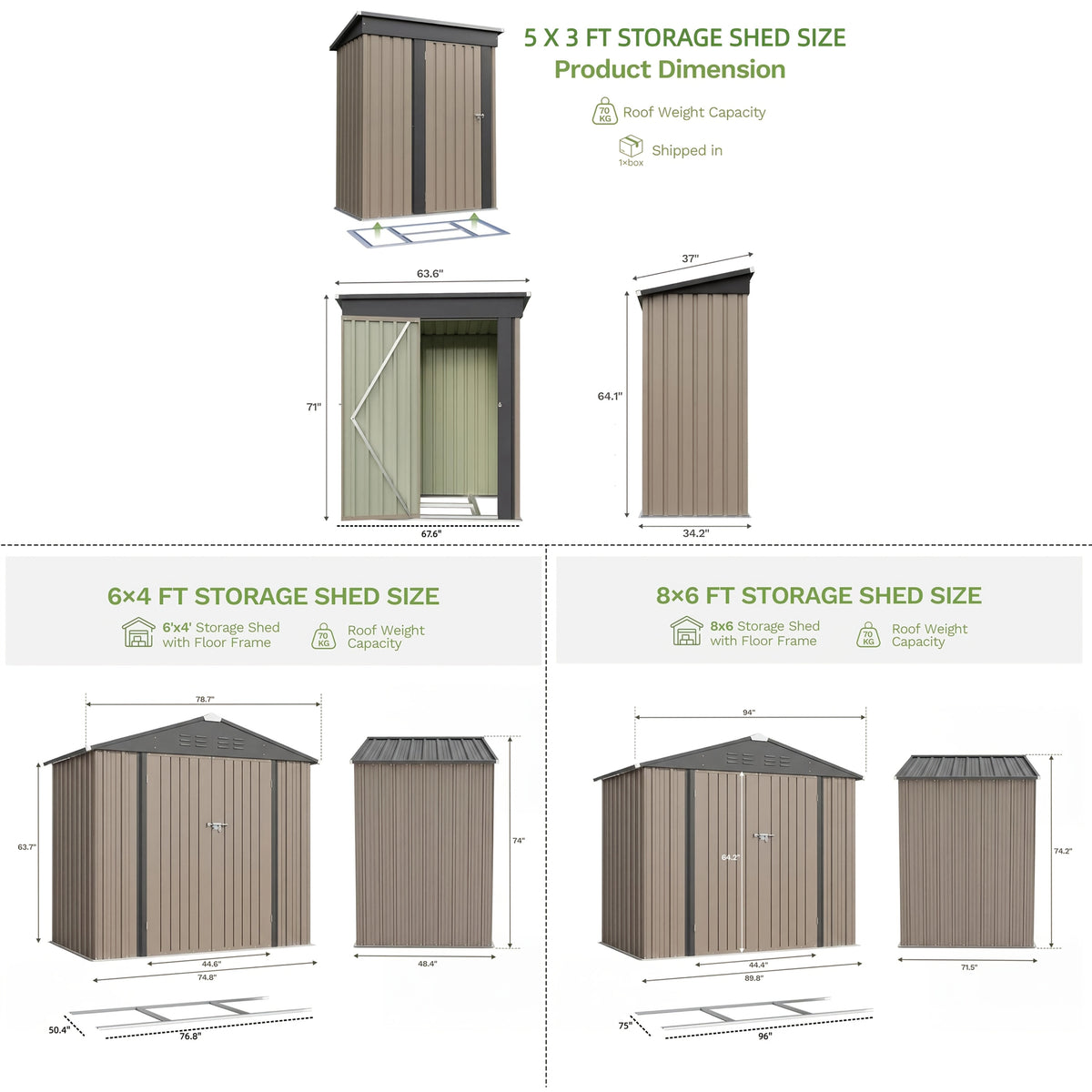 [Garden Storage Shed] GUNJI 5X3 FT And 6X4 FT And 8X6 FT Garden Storage Shed with Base Foundation, Heavy Duty Galvanized Steel Weatherproof Outdoor Tool Shed for Backyard Patio Lawn, Rust Resistant Lockable Door Tool House for Gardening Equipment Bike Sto