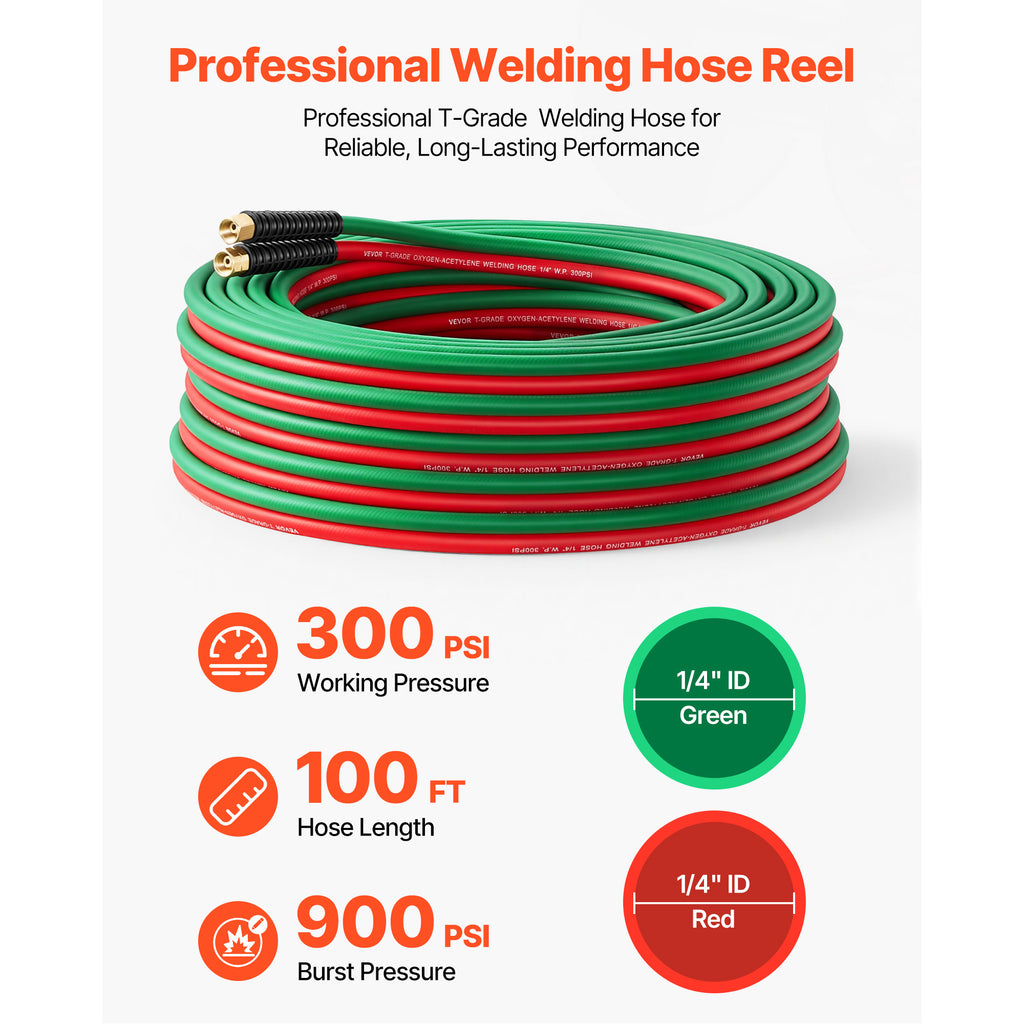VEVOR Retractable Welding Hose Reel, Hand Crank Manual Rewind Hose Reel with 1/4 Inch x 100FT Twin Oxygen Acetylene Rubber Hose Max 300PSI - T Grade, Ceiling/Wall Mount Steel Reel for Workshop Garages