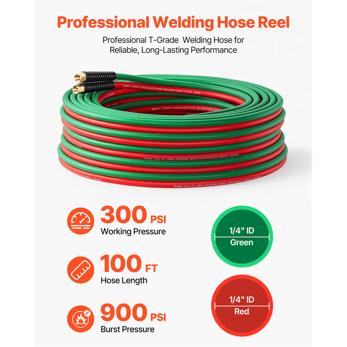 VEVOR Retractable Welding Hose Reel, Hand Crank Manual Rewind Hose Reel with 1/4 Inch x 100FT Twin Oxygen Acetylene Rubber Hose Max 300PSI - T Grade, Ceiling/Wall Mount Steel Reel for Workshop Garages